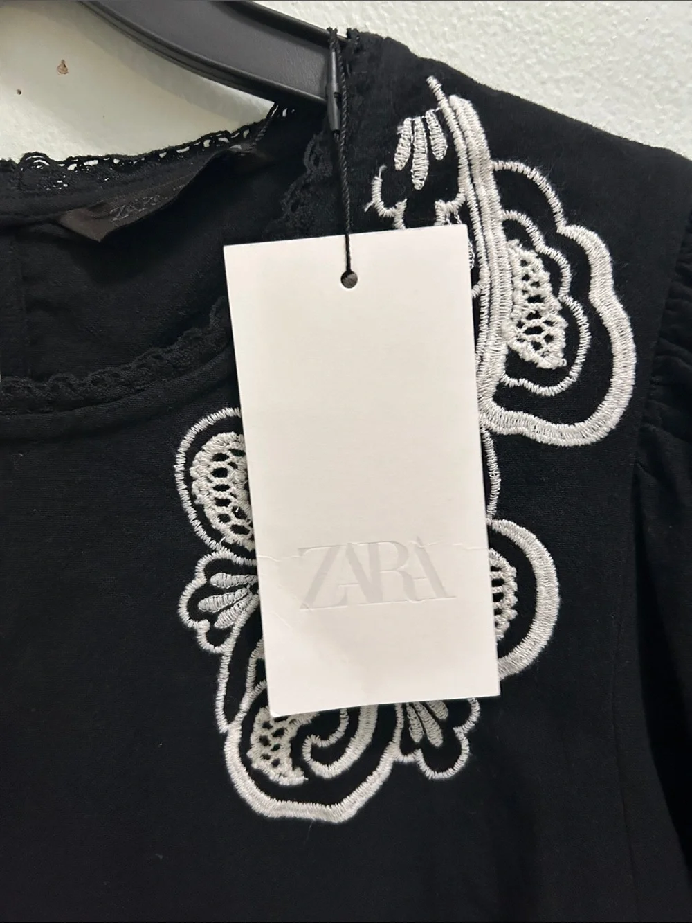 Zara Black Blouse with White Floral Embroidery